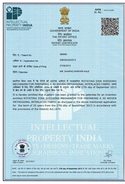 Indian Patent Certificate number 385662 naming Sharad Narhar Kale as patentee